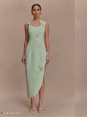 NWT Meshki Asymmetrical Midi Dress in Sage Green with Floral Detail